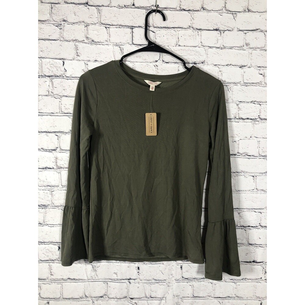 Cape Juby Women Long Sleeve Top Bell Flare Cuff Olive Green Size S NWT
